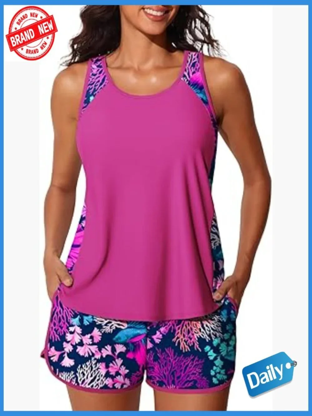 Tummy Control Tankini Set with Swim Shorts and Pockets